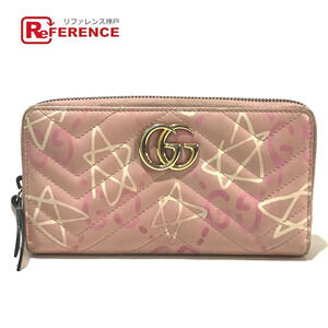 GUCCI GG Marmont Ghost Round Zipper Long Wallet Leather Pink